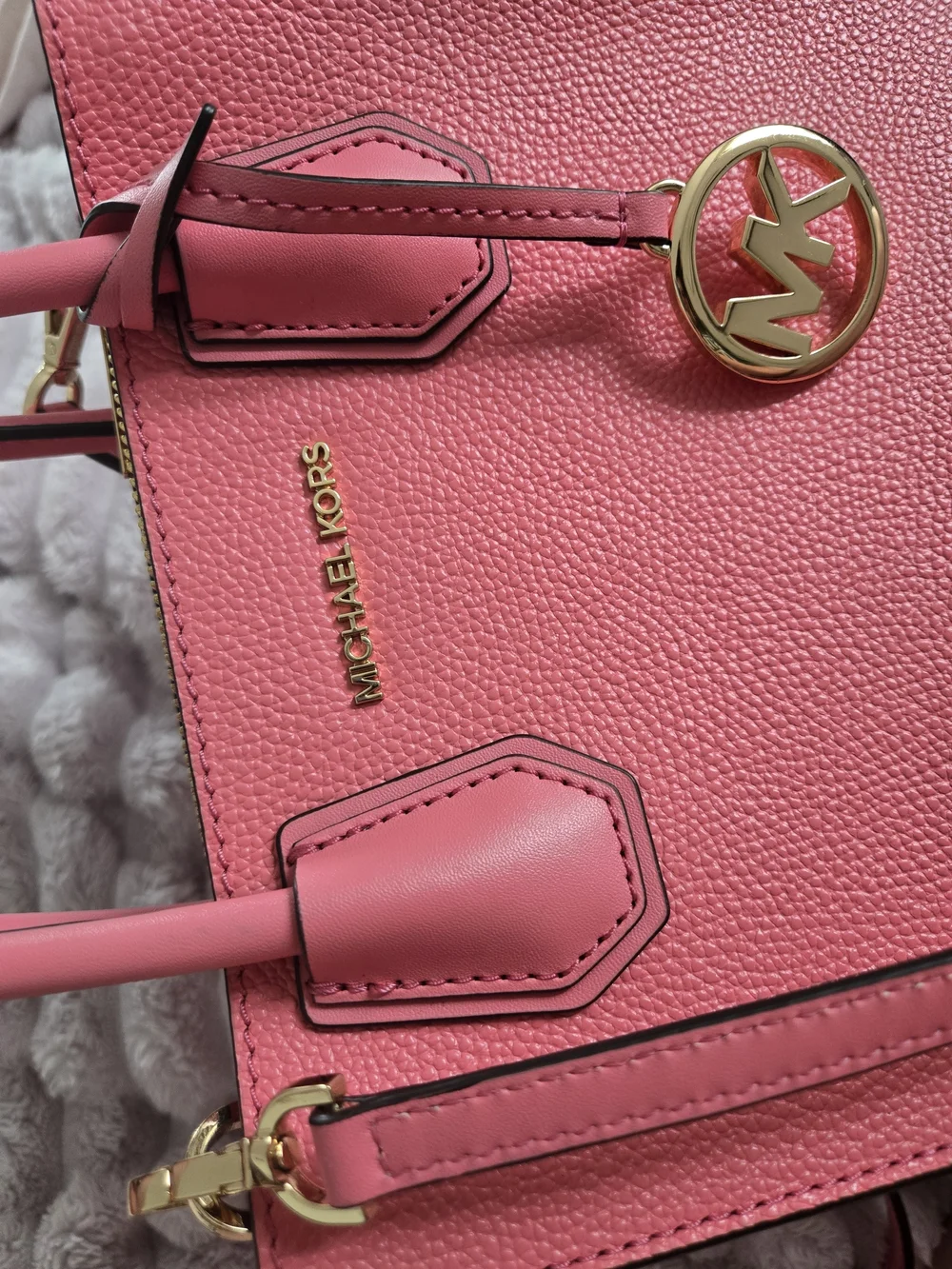 Michael Kors Coral Pink Saffiano Satchel with Gold MK Charm